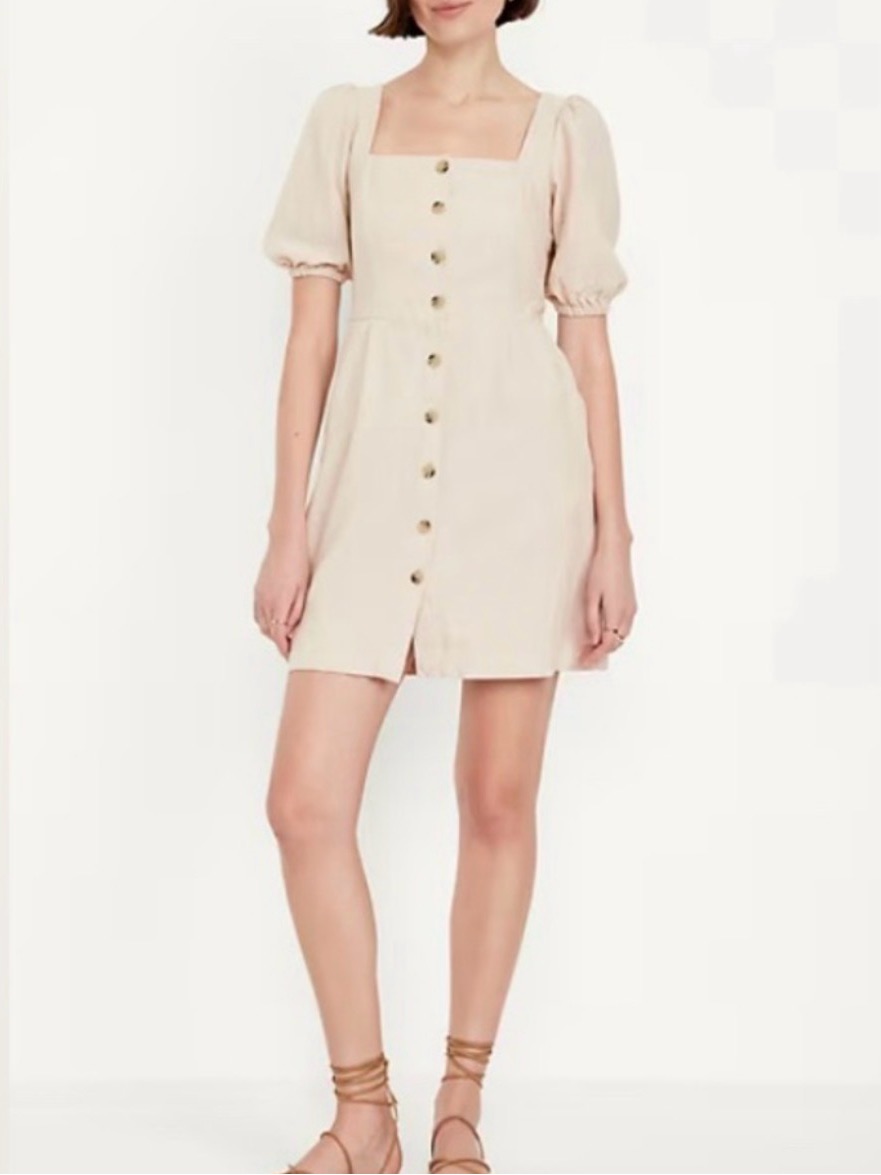 Old Navy Beige Button-Front Puff Sleeve Tunic Mid Dress